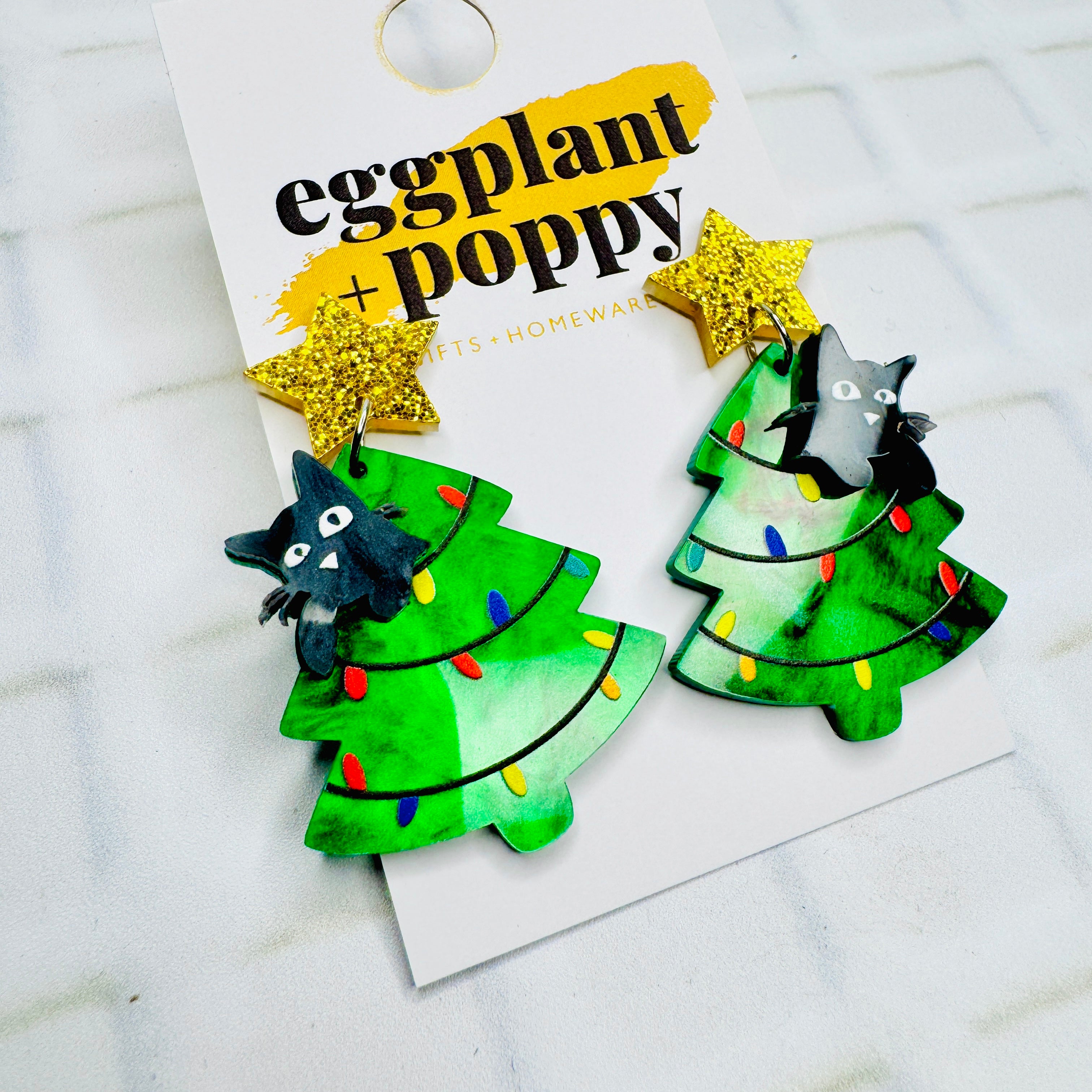 Black Kitty Christmas Tree Earrings