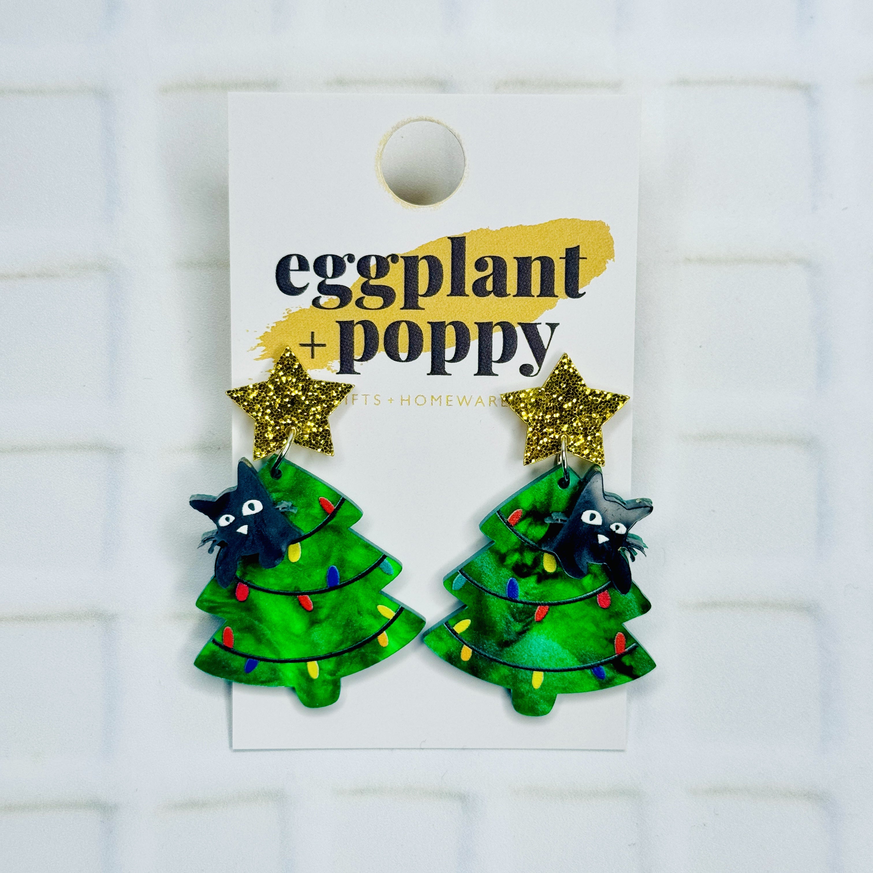 Black Kitty Christmas Tree Earrings