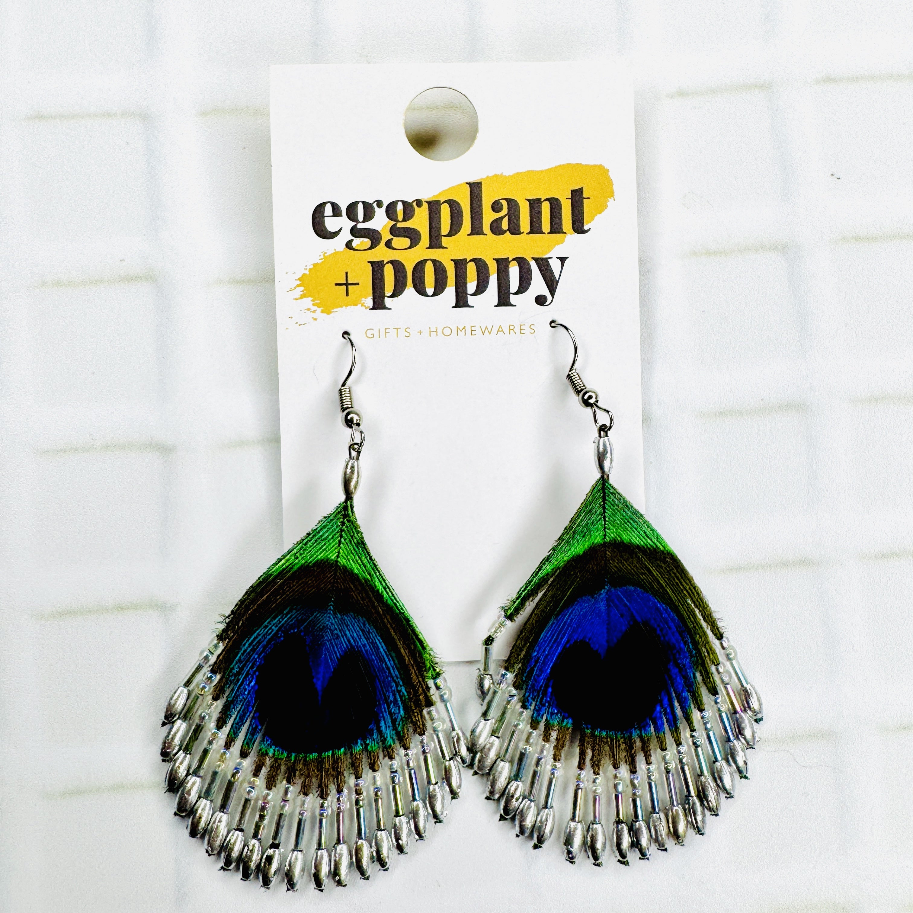 Beaded Peacock Feather Earrings