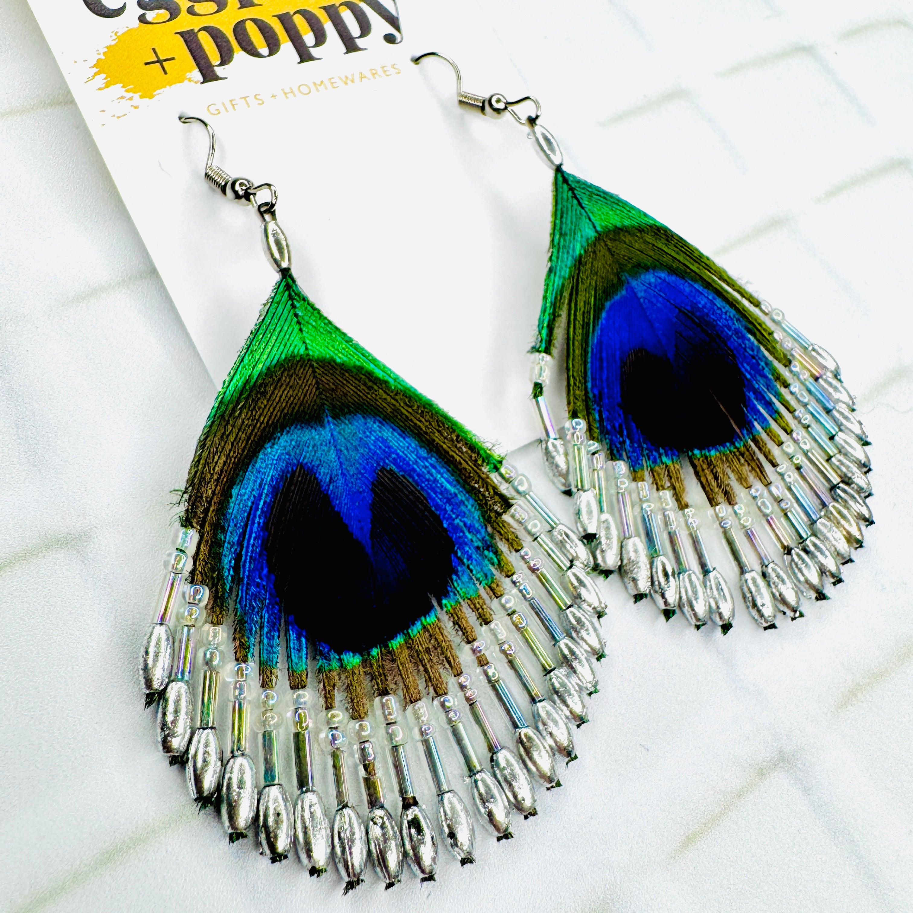 Beaded Peacock Feather Earrings