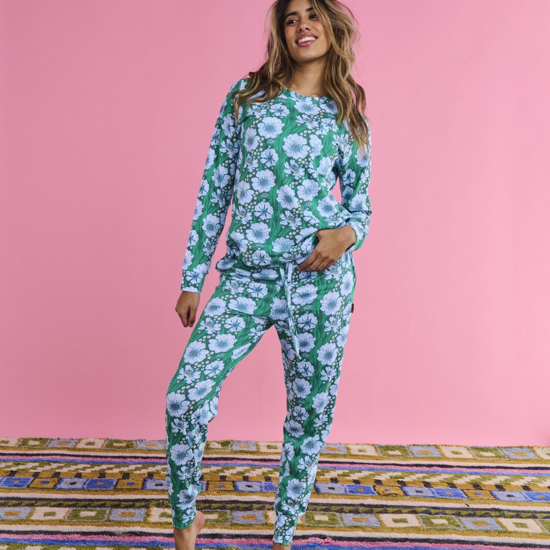 Long Sleeve  Pyjama Top & Slouch Pant - Tumbling Flowers Green