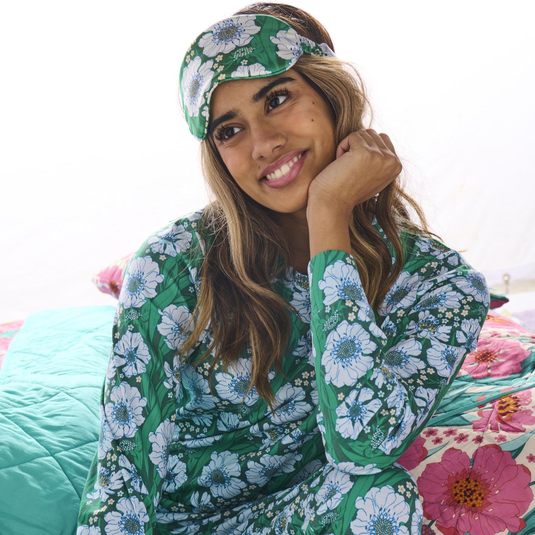 Long Sleeve  Pyjama Top & Slouch Pant - Tumbling Flowers Green