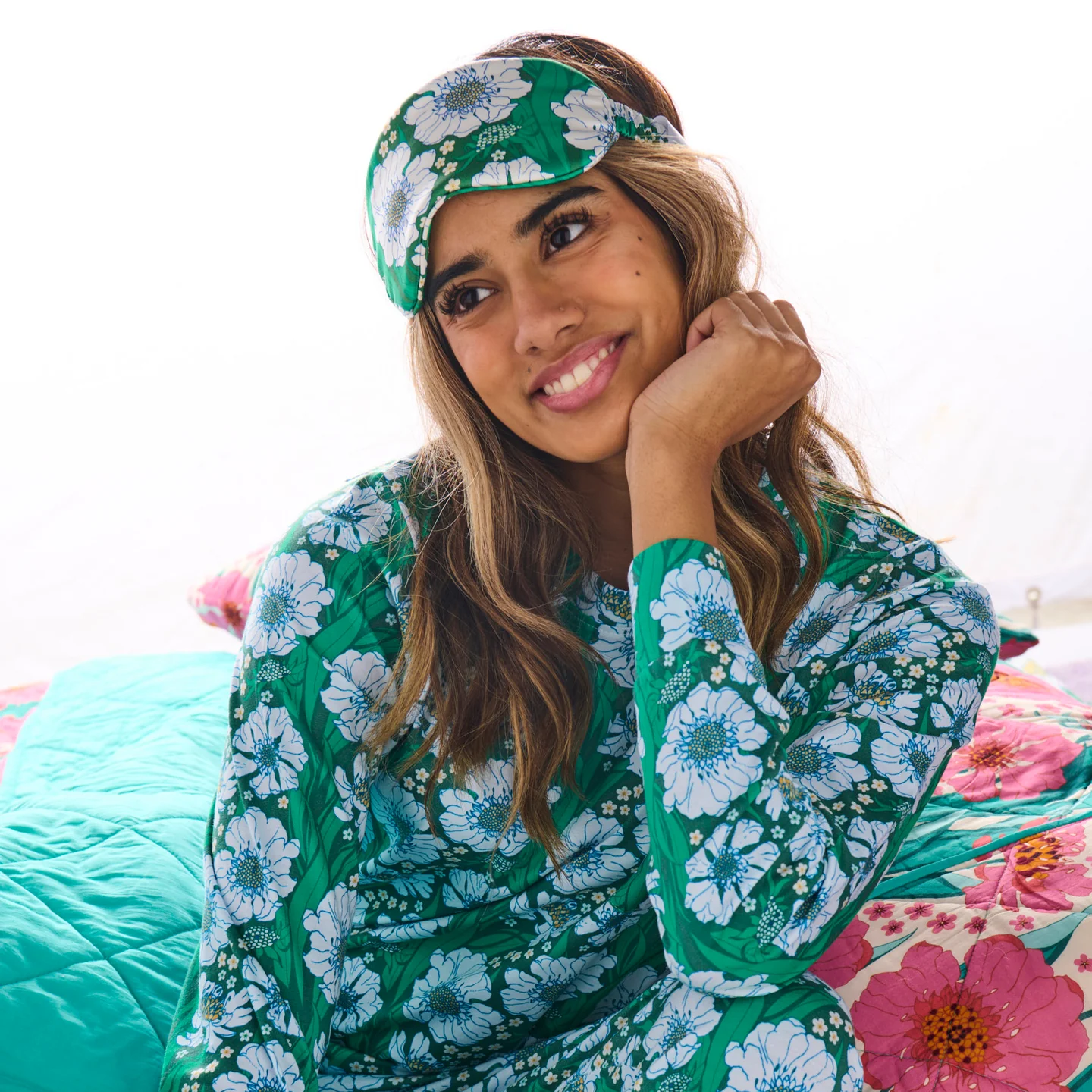 Silk Eye Mask - Tumbling Flowers Green