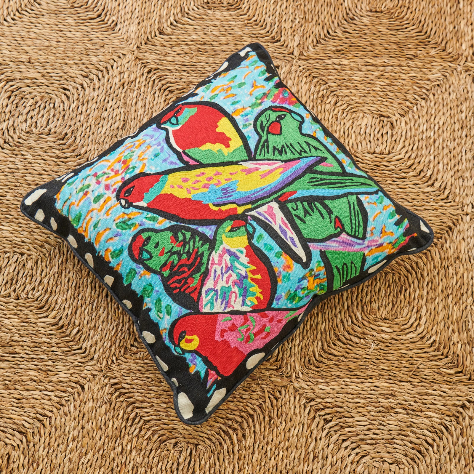 Jenny Kee Embroidered  Cushion - Parrots & Cockatoos