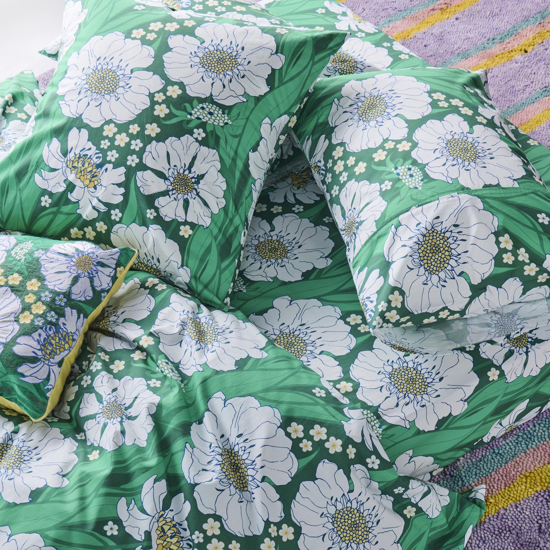 Cotton Pillowcase - Tumbling Flowers Green 2P