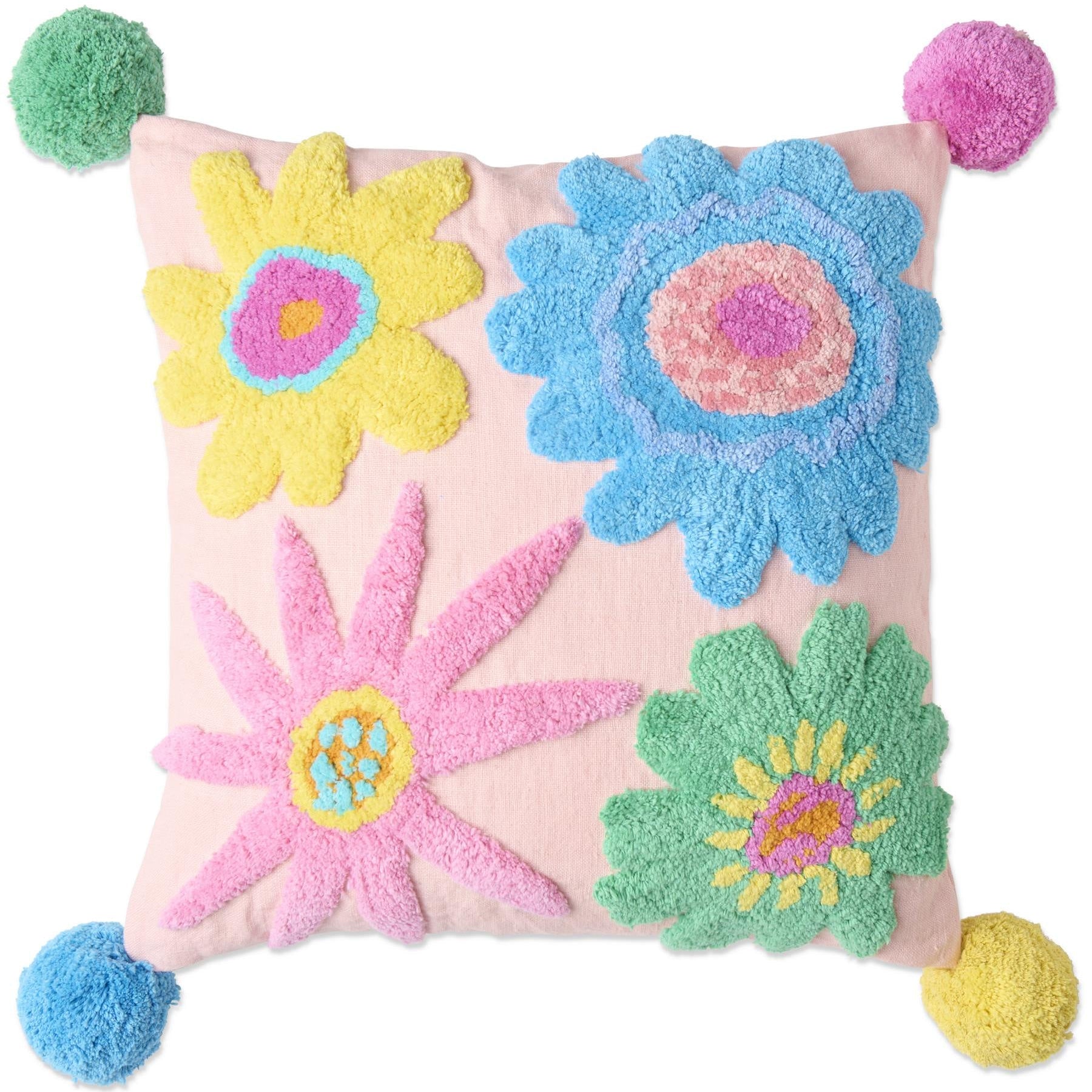 Pom Pom Cushion - Rainbow Flowers