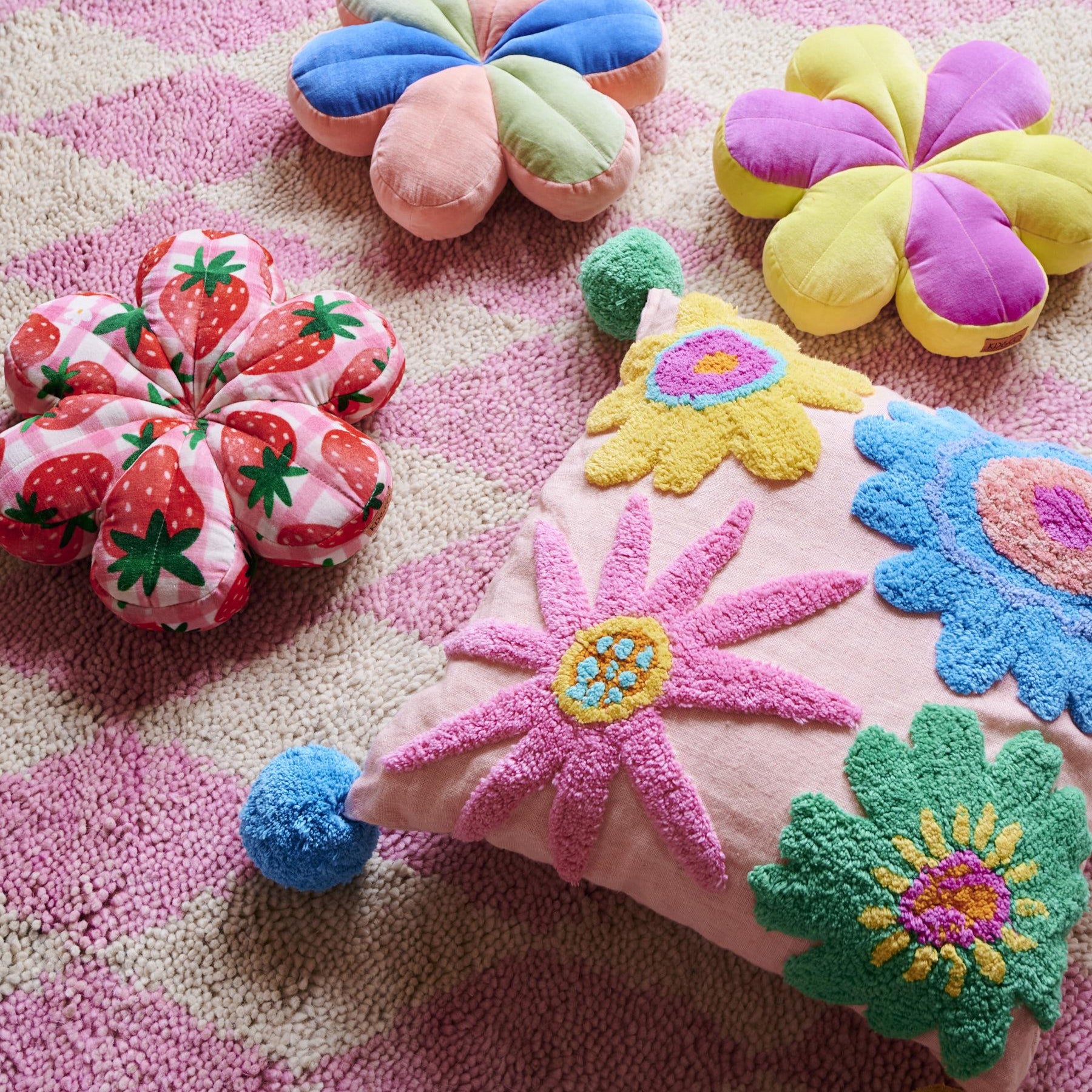 Pom Pom Cushion - Rainbow Flowers