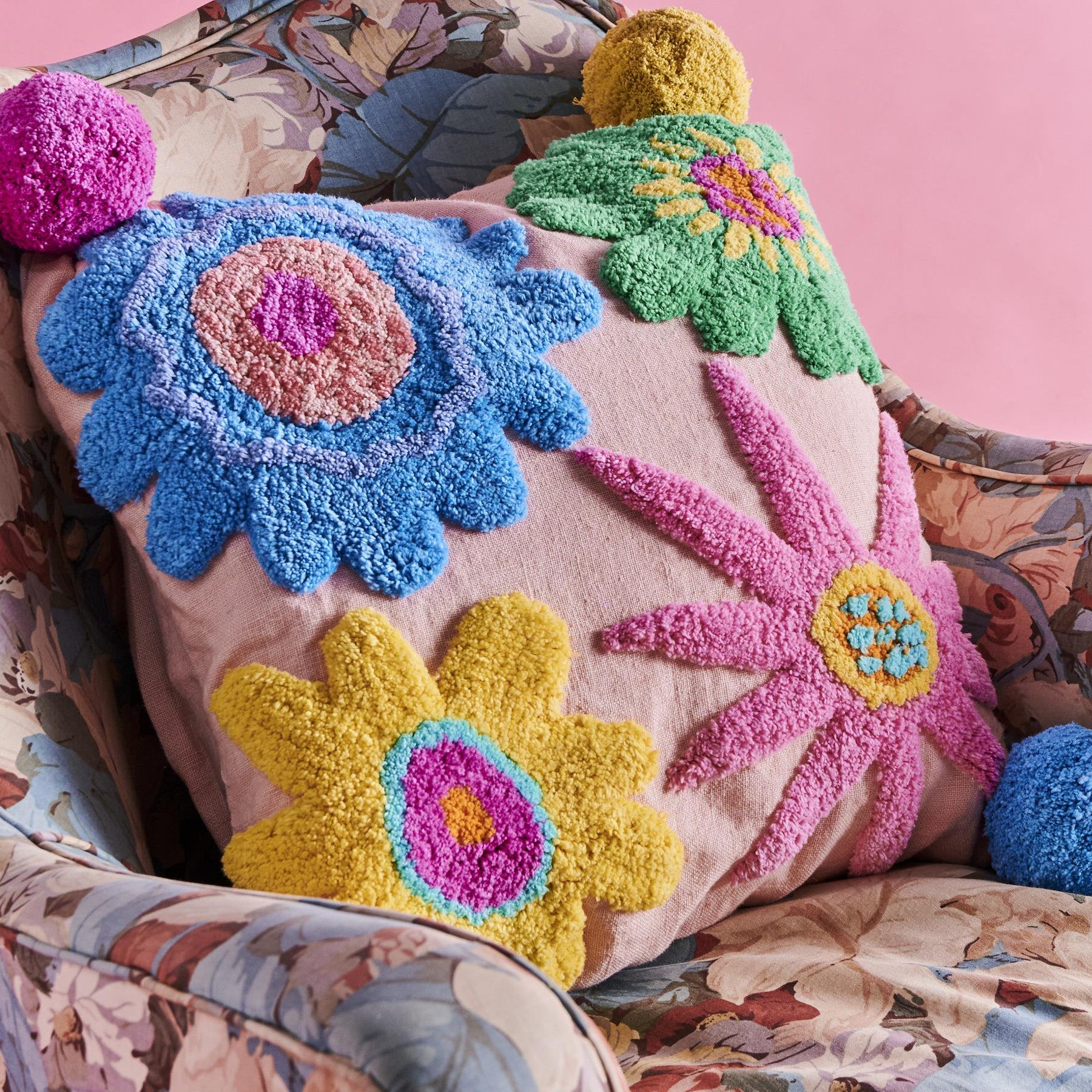 Pom Pom Cushion - Rainbow Flowers