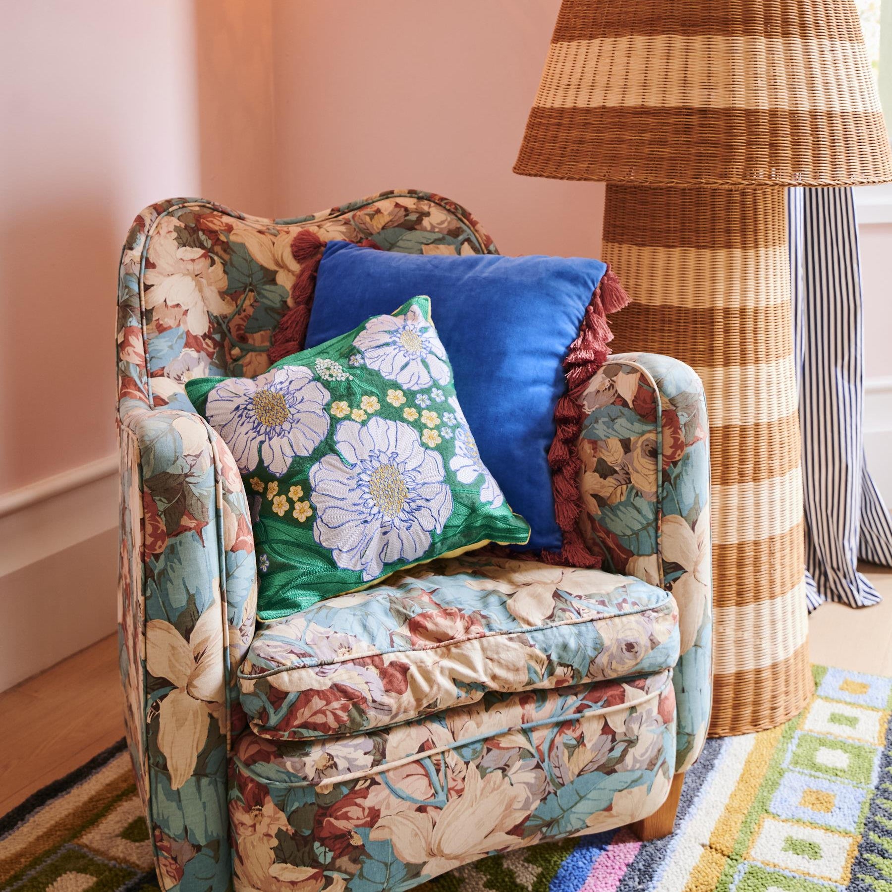 Embroidered Cushion - Tumbling Flowers Green