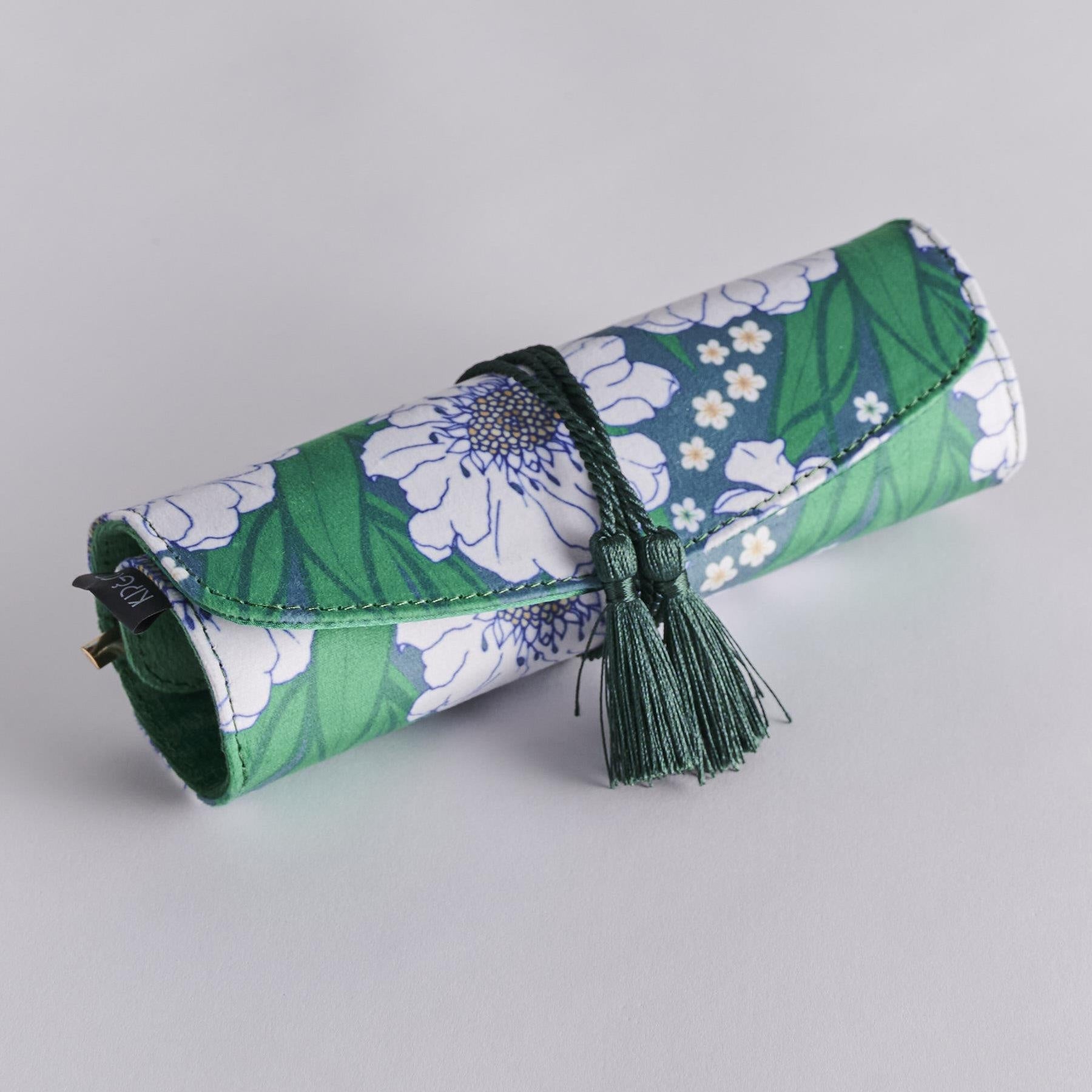 Velvet Jewellery Roll - Tumbling Flowers Green