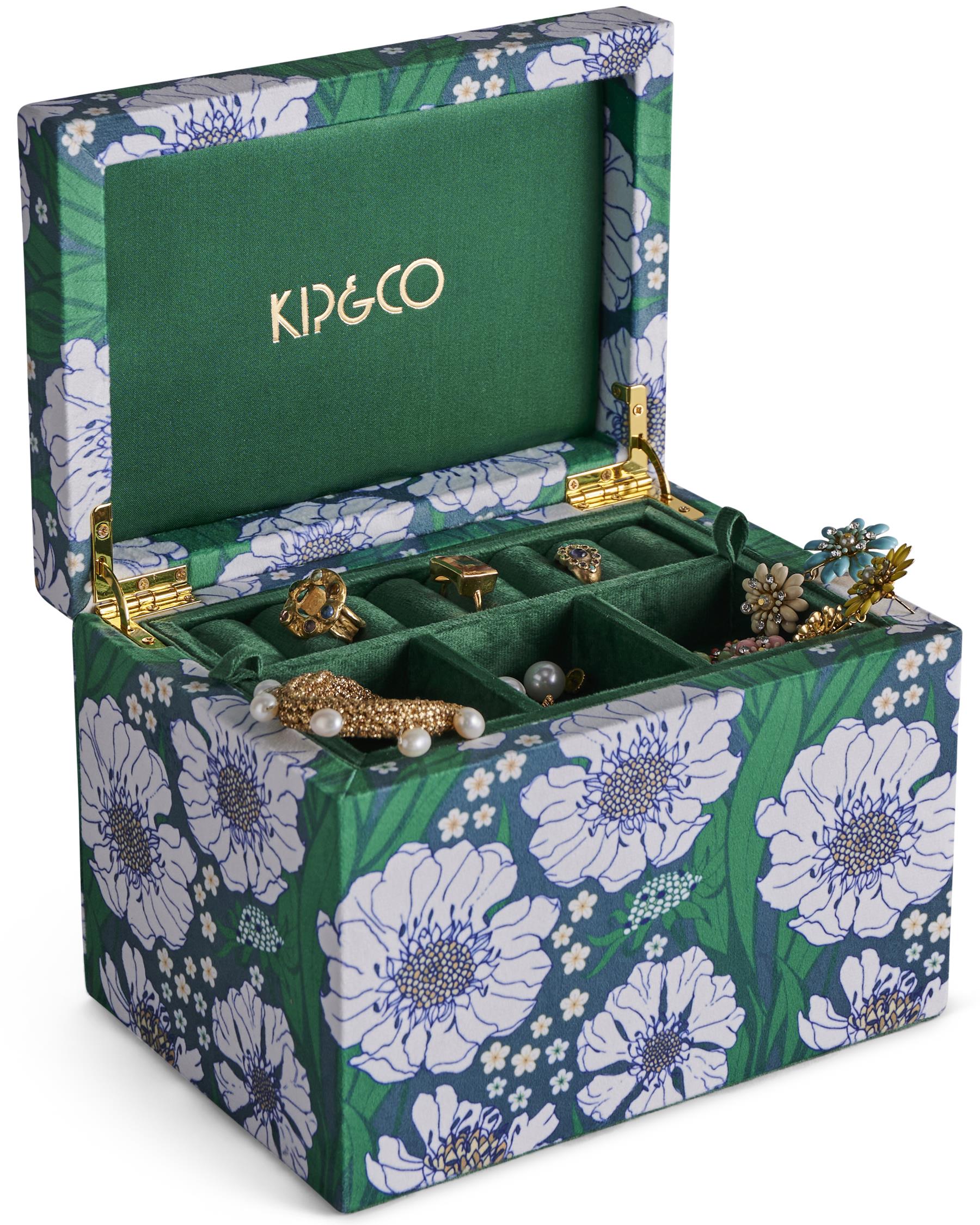 Velvet Jewellery Box - Tumbling Flowers Green Large