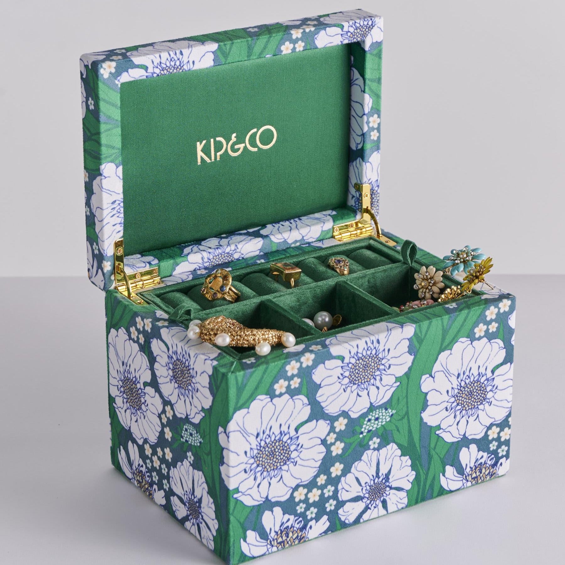 Velvet Jewellery Box - Tumbling Flowers Green Large