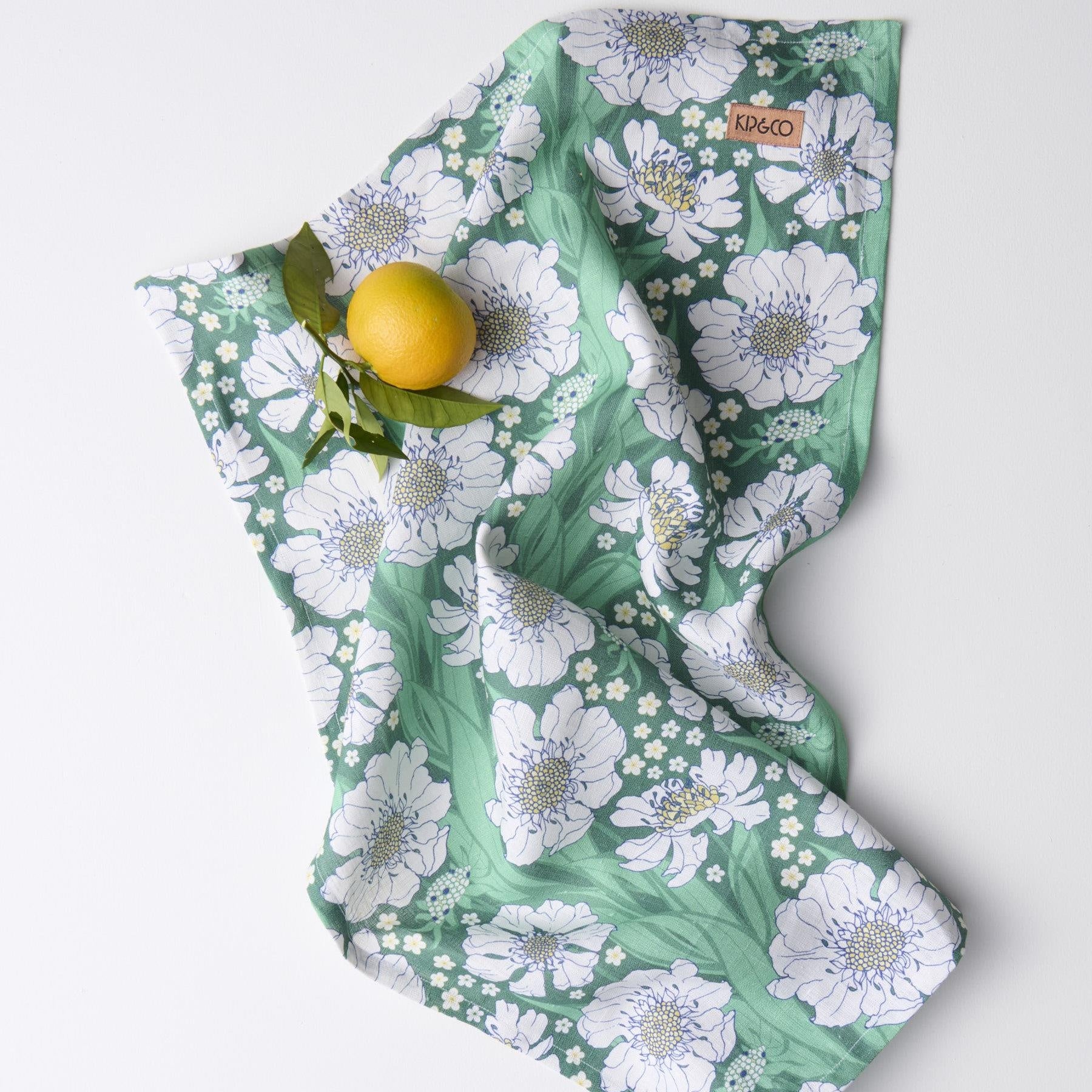 Linen Tea Towel - Tumbling Flowers Green