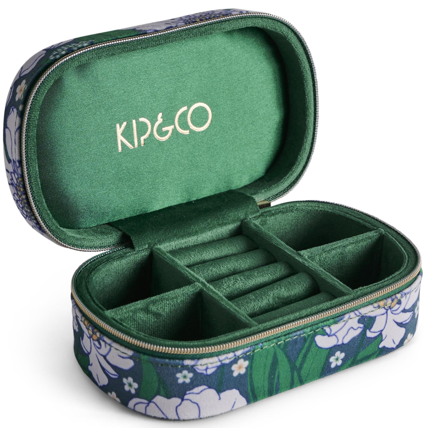 Travel Velvet Jewellery Box - Tumbling Flowers Green