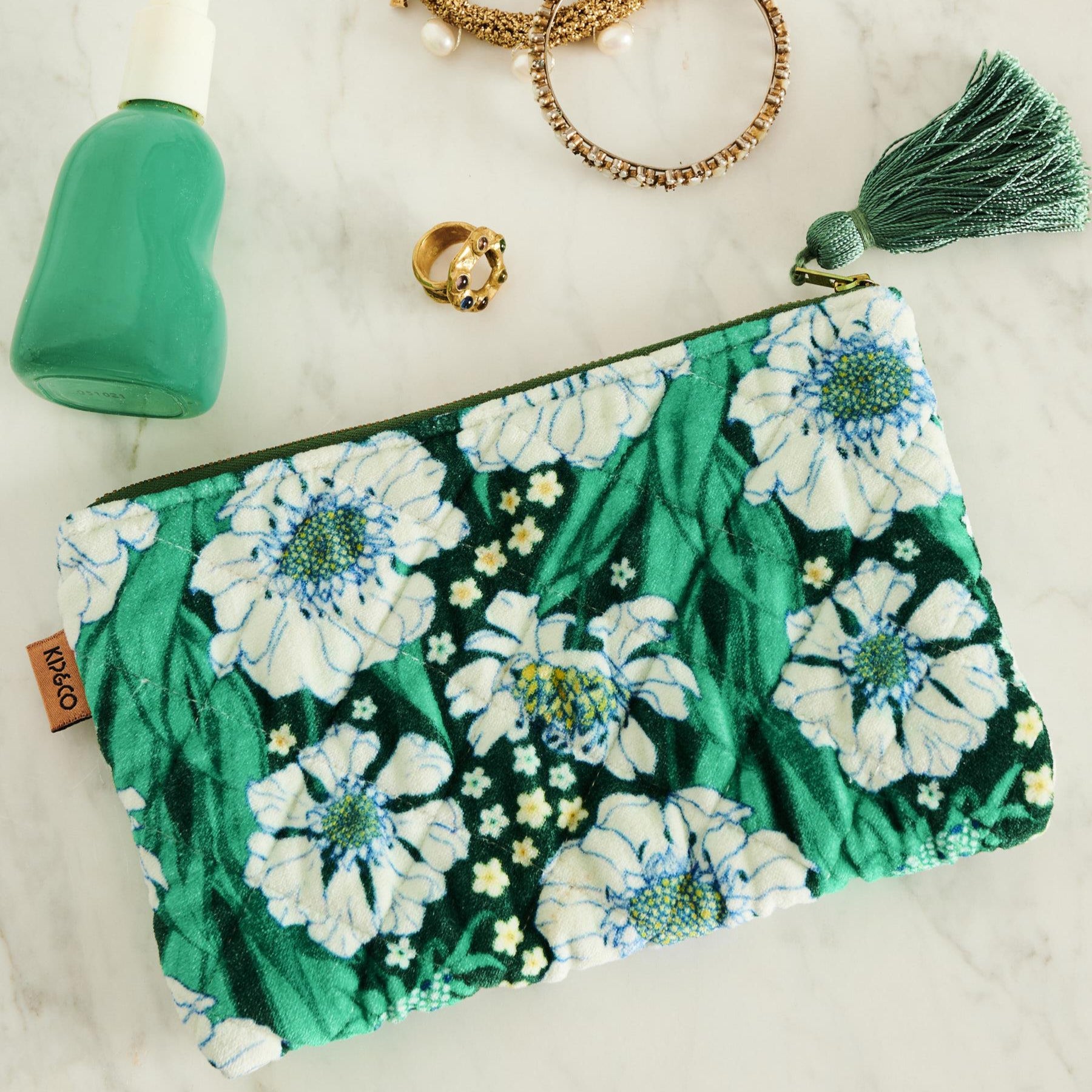 Velvet Cosmetics Purse -  Tumbling Flowers Green