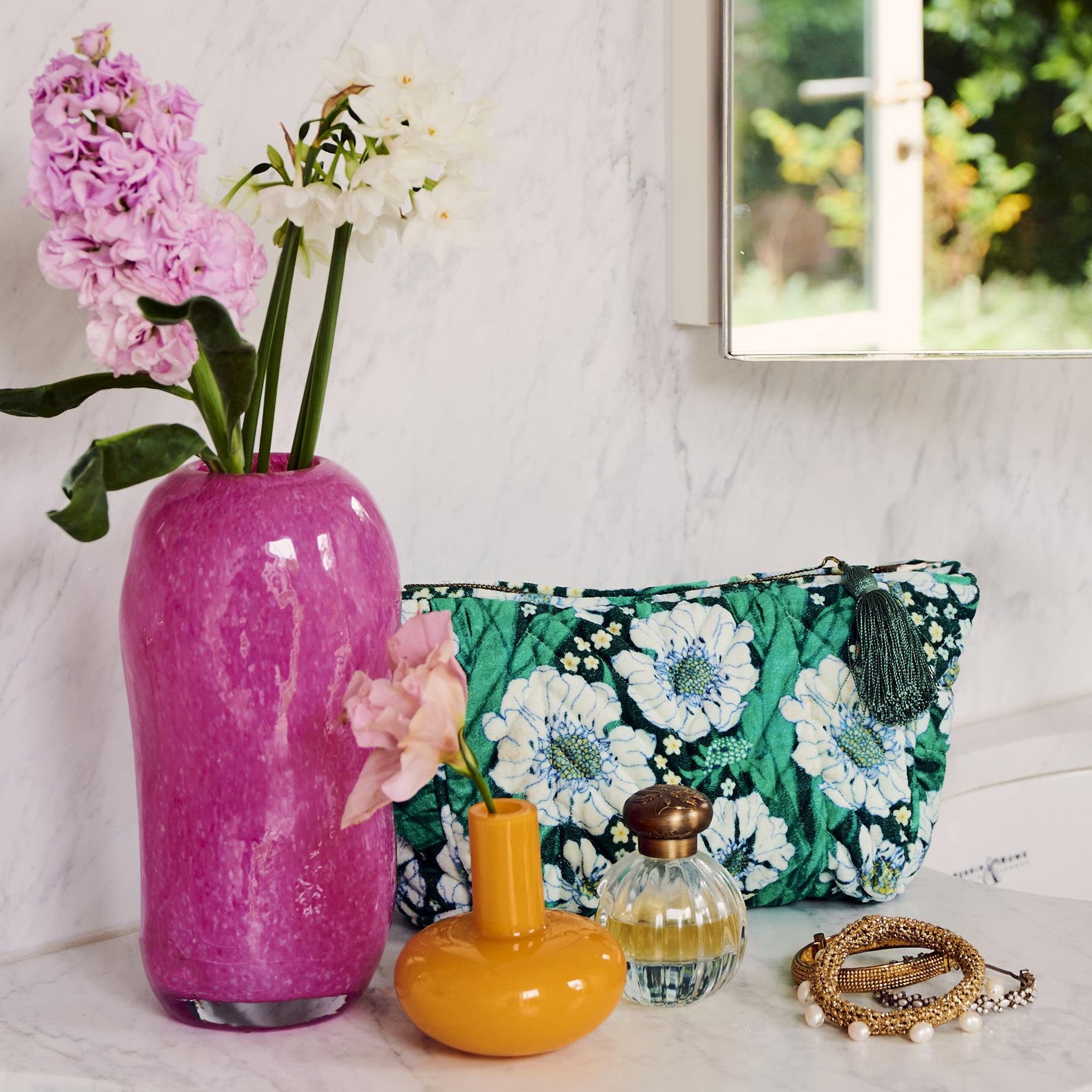 Velvet Toiletry Bag -  Tumbling Flowers Green