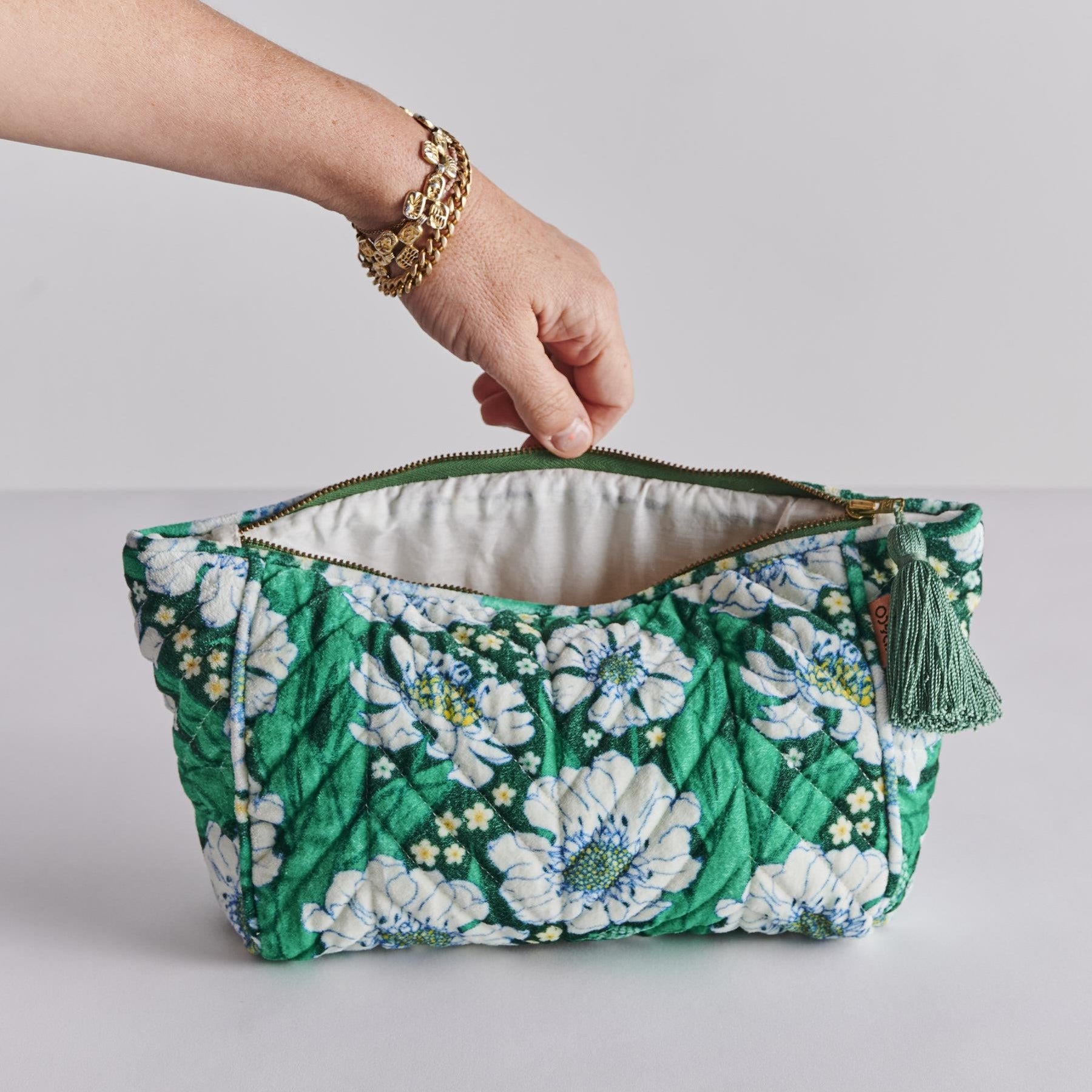 Velvet Toiletry Bag -  Tumbling Flowers Green